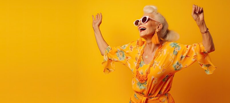 Happy Mature Lady in Bright Summer Clothes Dances Against a Yellow background with Space for Copy (Generative AI)