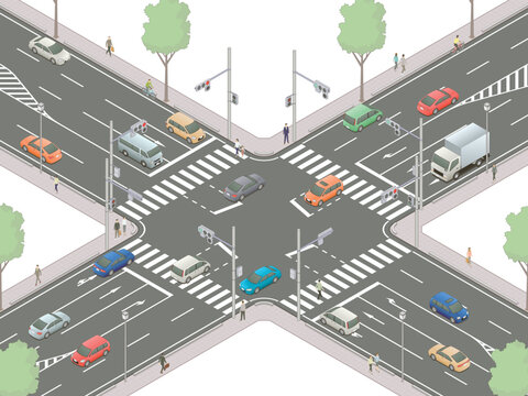 アイソメトリック図法で描いた自動車と歩行者が行き交う信号交差点のイメージF / Japanese intersection. Isometric illustration
