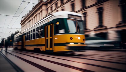 Plakat Yellow tram with motion blur effect moves fast in the city. High speed passenger train in motion on railroad.