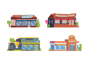 Vector element of book store building, japanese food restaurant, store and fast food flat design style for city illustration