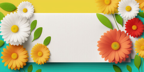 Fototapeta premium A holiday card. White paper on colorful flower background. mock up. AI generated