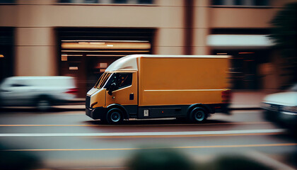 White modern delivery small shipment cargo courier van moving fast on motorway road to city urban suburb.