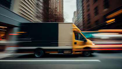 White modern delivery small shipment cargo courier van moving fast on motorway road to city urban suburb.