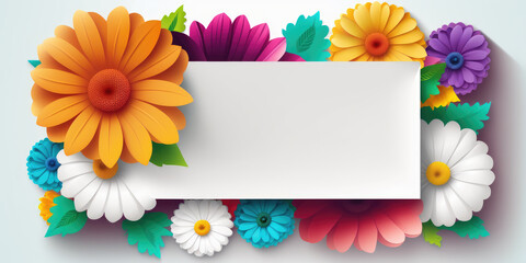Holiday card. Sheet of white paper in a center surrounded by beautiful multicolored flowers. mock up. AI generated