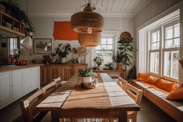 White and orange wooden rural dining table. Kitchen, pendant lighting, window. Scandinavian bohemian decor,. Generative AI