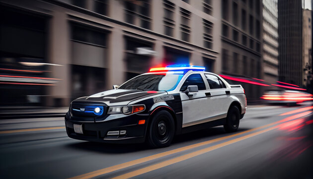 Blurred image of a police car that is moving fast on a city street