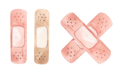set of first aid adhesive plasters. Medical plasters of various shapes for sealing wounds and skin lesions. Watercolor illustration isolated on white background
