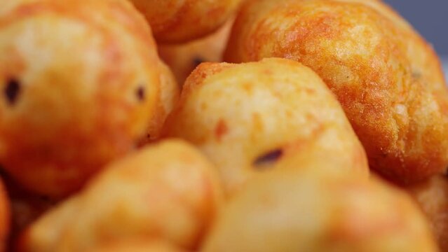 Rotating shot of Prickly Water Lily. Dried makhana also known as water lily. Fox nut. Makhanas. Lotus seeds.The edible seeds, called fox nuts or makhana when dried, are eaten in Asia. 4k 50 fps.
