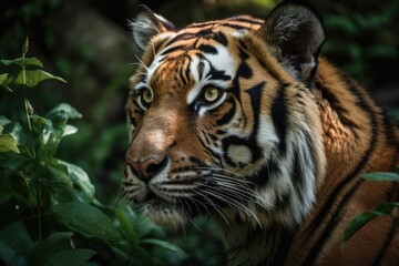 Fototapeta na wymiar Close up of a magnificent tiger on a green leafy background. Generative AI