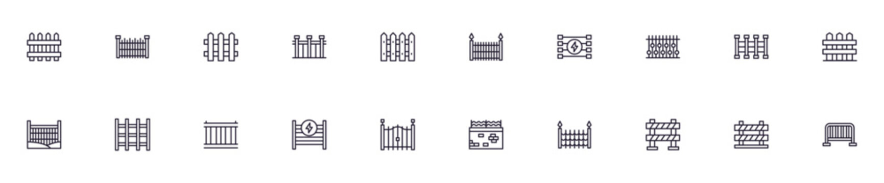 Fence concept. Collection of modern high quality fence line icons. Editable stroke. Premium linear symbol for web sites, flyers, banners, online shops and companies.