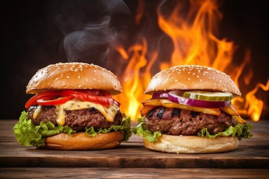 Close-up of two burgers with beef spices cheese and vegetables on an old wooden floor with a fiery fire scene. AI-generated images