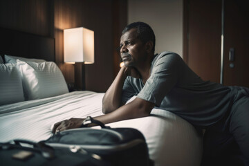 Fototapeta premium Relaxed man laying on bed in hotel room. Hand baggage next to bed. Generative ai