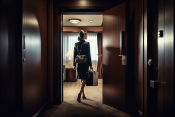 Fototapeta premium Businesswoman entering in hotel room. Generative ai