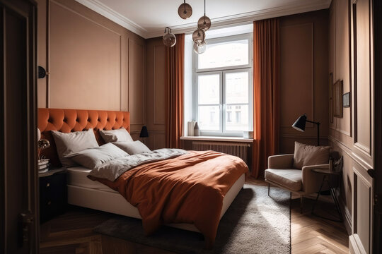 Cozy bedroom in a hotel room. Bright photo. Generative ai