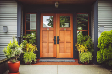 Fototapeta na wymiar Wooden entry doors of a home. Generative ai