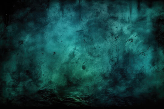 Horror green blue wall, grunge dark smoke texture, black haunted background for horror thriller mystery movie poster design