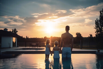 A family on summer holidays stands by the swimming pool and enjoys the sunset. Generative ai
