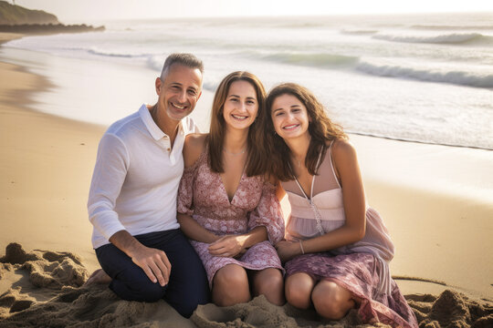 Photo of a smiling family at the beach . Generative ai