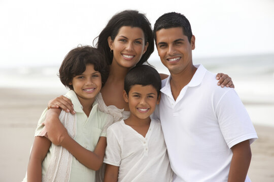 Photo of a smiling family at the beach . Generative ai