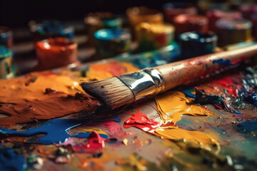 Fototapeta premium Brushes on an artist's palette of colorful oil paint. Bright colors. Generative ai