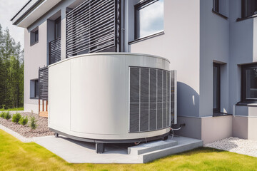 Fototapeta premium modern electric heat pump on the lawn of modern house. Generative ai