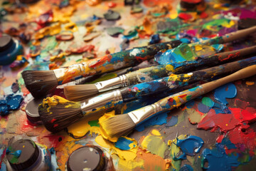 Obraz premium brushes on an artist's palette of colorful oil paint. Bright colors. Generative ai