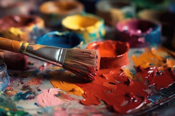 Fototapeta premium brushes on an artist's palette of colorful oil paint. Bright colors. Generative ai
