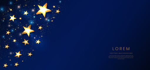 Abstract luxury golden stars on dark blue background with lighting effect and spakle.