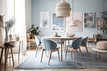 Pastel blue chairs at round wooden table in white dining room with Handmade posters. Generative AI