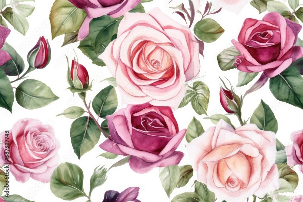 Sticker bouquet of pink roses with green leaves on a white background. Generative AI