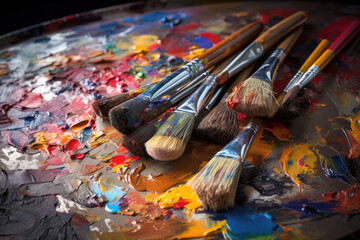 Fototapeta premium brushes on an artist's palette of colorful oil paint. Bright colors. Generative ai