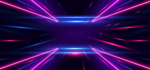 Abstract technology futuristic neon triangle glowing blue and pink  light lines with speed motion blur effect on dark blue background. © Pramote