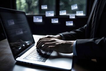 Obraz na płótnie Canvas businessman working with laptop sending email on virtual screen, email marketing. Generative ai