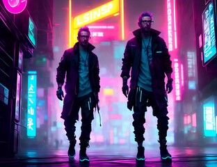 two stylish and cool guys in a shining neon city, walking,. glowing neon city, in cyberpunk style, people were generative AI