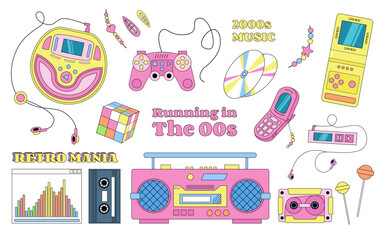 Collection of Y2K objects, game pad, music players, disks, decorations, vector objects, stickers, retro vibes. © Diana Berber