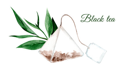 Tea bag watercolor. Filter paper, thread, square label. Hand drawn watercolor illustration isolated on white background