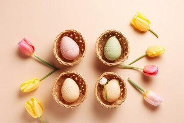 Obraz premium Easter celebration concept. Top view photo of colorful easter eggs. Generative ai