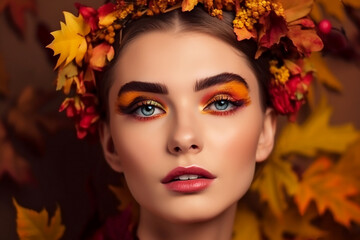 Obraz na płótnie Canvas Autumn style model girl portrait with autumnal leaves . Colorful eyeshadows, generative AI tools 