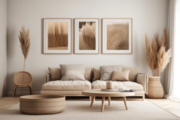 Two wooden vertical frames mockup in living room interior with gray couch, beige cushion, dried Pampas grass on caned table, and Japandi style décor on blank wall backdrop. Generative AI
