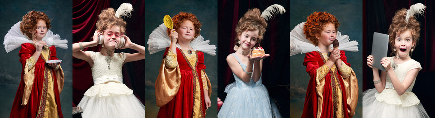 Collage made of portraits of little girls, medieval royal persons in stylish dresses posing over dark green background. Concept of comparison of eras, modernity and renaissance, baroque style. Collage - obrazy, fototapety, plakaty