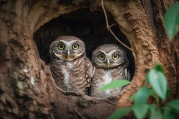 In a tiny hollow, two spotted owlets were scrambling to show their faces to the outside world. Generative AI