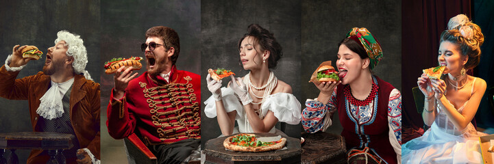 Fast food. Medieval men and women in royal clothes posing with junk food against dark vintage...