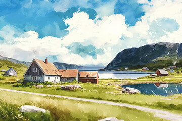 Watercolor summer Norway landscape painting. Mountains, lake and house. Ai generated