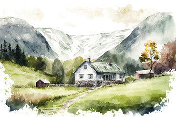 Watercolor summer Norway landscape illustration. Mountains, trees and house. Ai generated