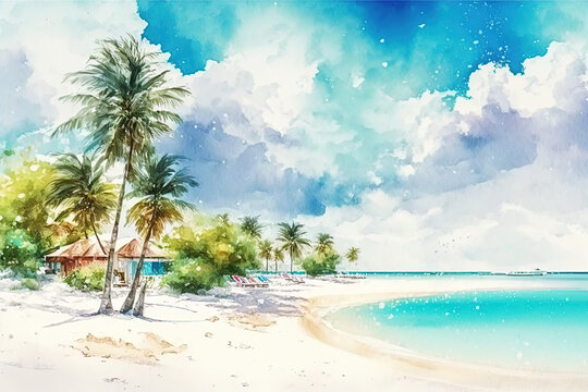 Watercolor tropical sea landscape painting. Thailand beach illustration. Ai generated