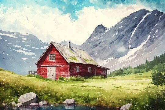 Watercolor summer Norway landscape illustration. Mountains, trees and house. Ai generated