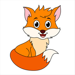 Cute Fox Cartoon Sitting. Kawaii Fox Cub Illustration For Children. Forest Animal Background.
