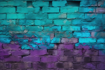 Fototapeta premium Toned brick wall. blue purple magenta teal green rough surface. gradient. colorful background with space for design. dark. grungy backdrop, cracked, damaged collapse ruins