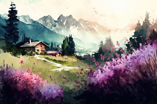 Watercolor summer landscape with trees, flowers, house, mountains and meadow. Ai generated