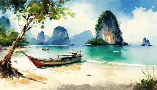 Watercolor tropical sea landscape painting. Thailand beach illustration. Ai generated